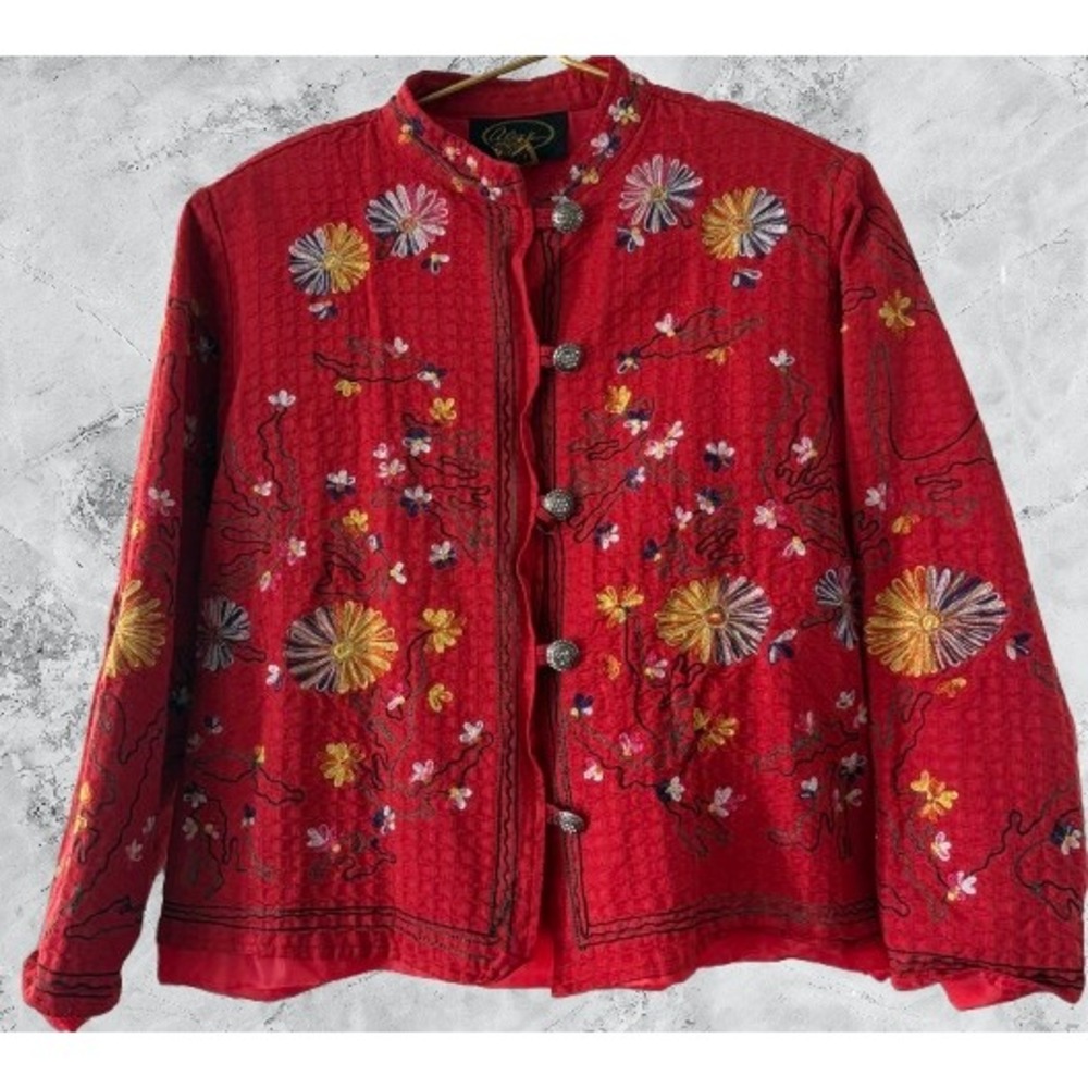 Alex Kin Red Floral Embroidered Quilted Jacket Mandarin Collar Womens Large